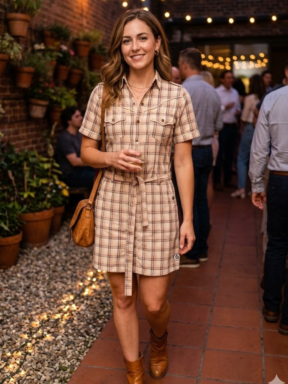 G-Star Plaid Mini Shirt Dress in Beige and Brown - Size Small